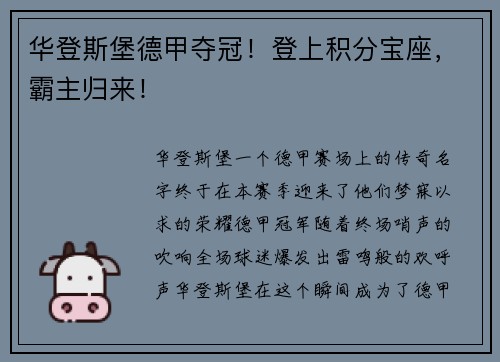 华登斯堡德甲夺冠！登上积分宝座，霸主归来！